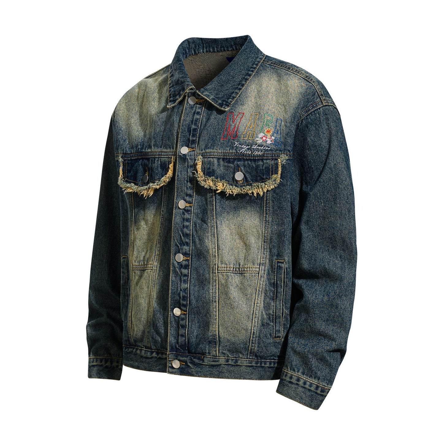 Streetwear Style Washed Denim Jacket with Colorful Letter Embroidery
