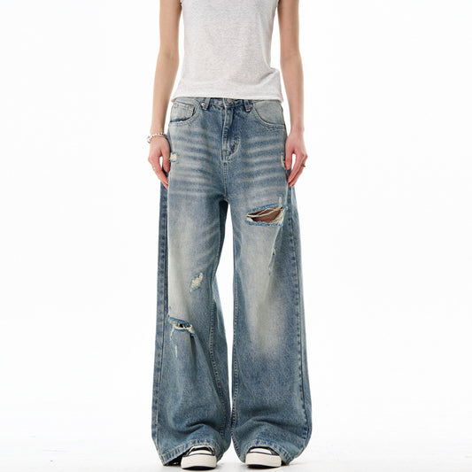 Loose Casual Ripped Straight Leg Wide Leg Pants