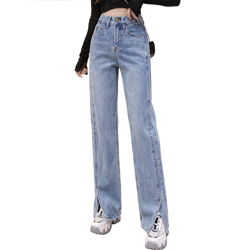 Women's High Waist Straight Slit Jeans - Korean Loose Fit for Spring and Autumn
