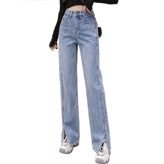 Women's High Waist Straight Slit Jeans - Korean Loose Fit for Spring and Autumn
