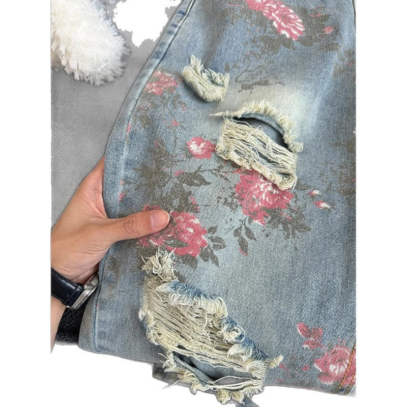 Floral Ripped Denim Full Print Casual Pants