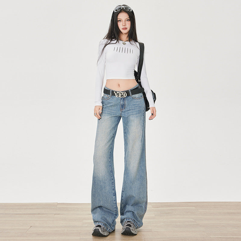 Flared Jeans for Women - Mid-Low Waist Cracked Loose Drape Versatile Pants