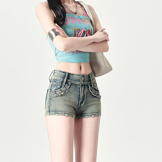 High Street Wasteland Style Denim Shorts for Women - Slimming Girl Skinny Straight Leg Hot Pants
