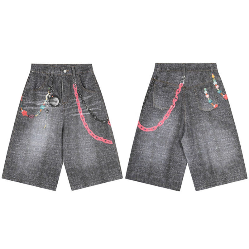 Chain Printed Denim Shorts - Premium Japanese Streetwear