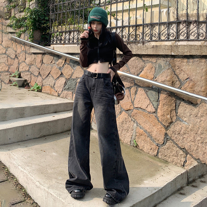 Women's Faded Black and Gray Denim Pants - High-Waisted Loose Wide-Leg Trousers