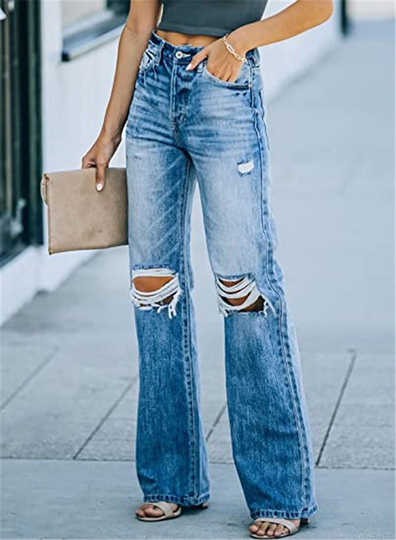 New Retro Ripped Wide Leg Pants - Casual Women's Street Jeans