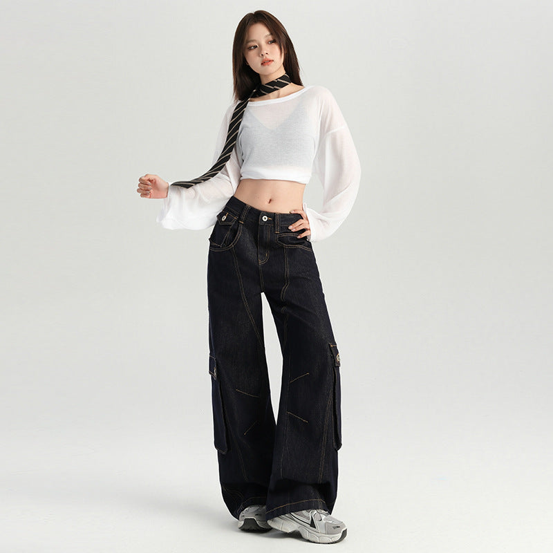Women's Multi-Pocket Cargo Wide-Leg Jeans - Loose Slim Floor-Length Pants