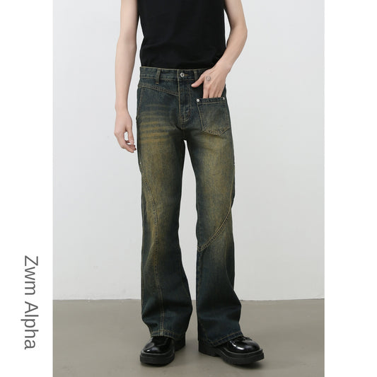 Nirben Denim | American Retro Vibe Water Washed Faded Slim Flared Jeans for Men