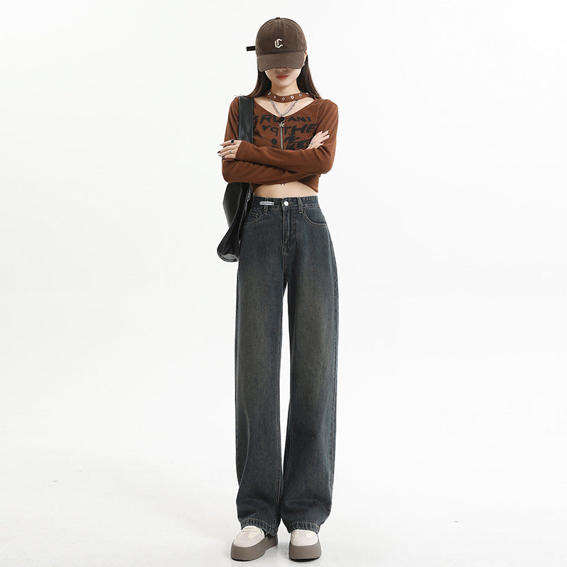 Women's High-Waist Washed Vintage Cement Grey Straight Pants