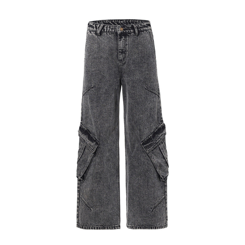 Women's Black and Gray Washed Denim Pants - Irregular Wide-Leg Trousers