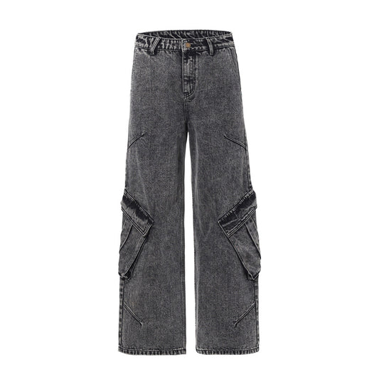 Women's Black and Gray Washed Denim Pants - Irregular Wide-Leg Trousers