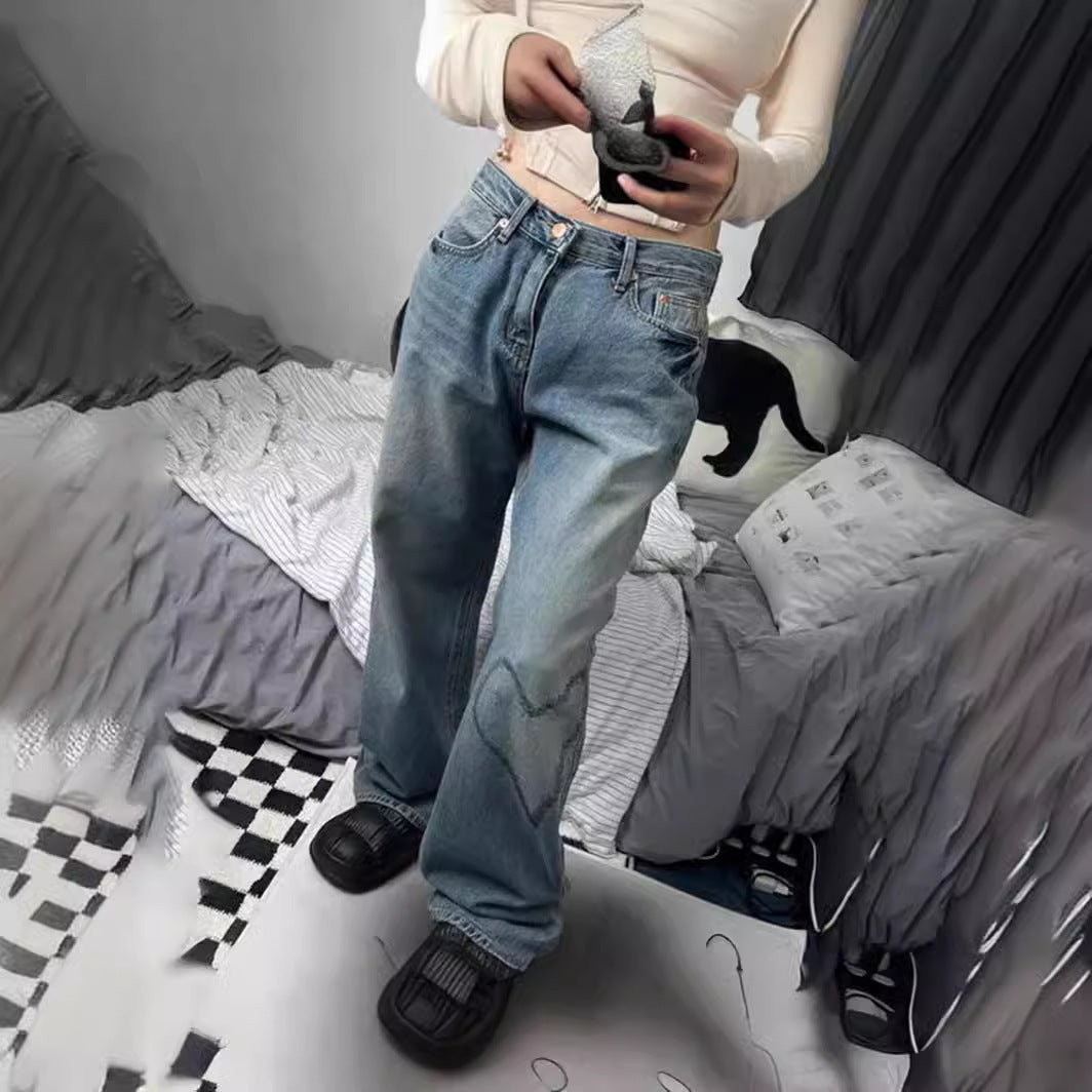 Loose Heart-Shaped Embroidered Wide Leg Jeans for Women