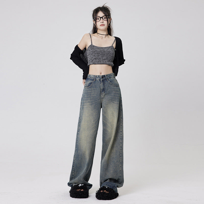 Women's Mid-Waist Loose Washed Wide-Leg Jeans with Floor-Length Pants