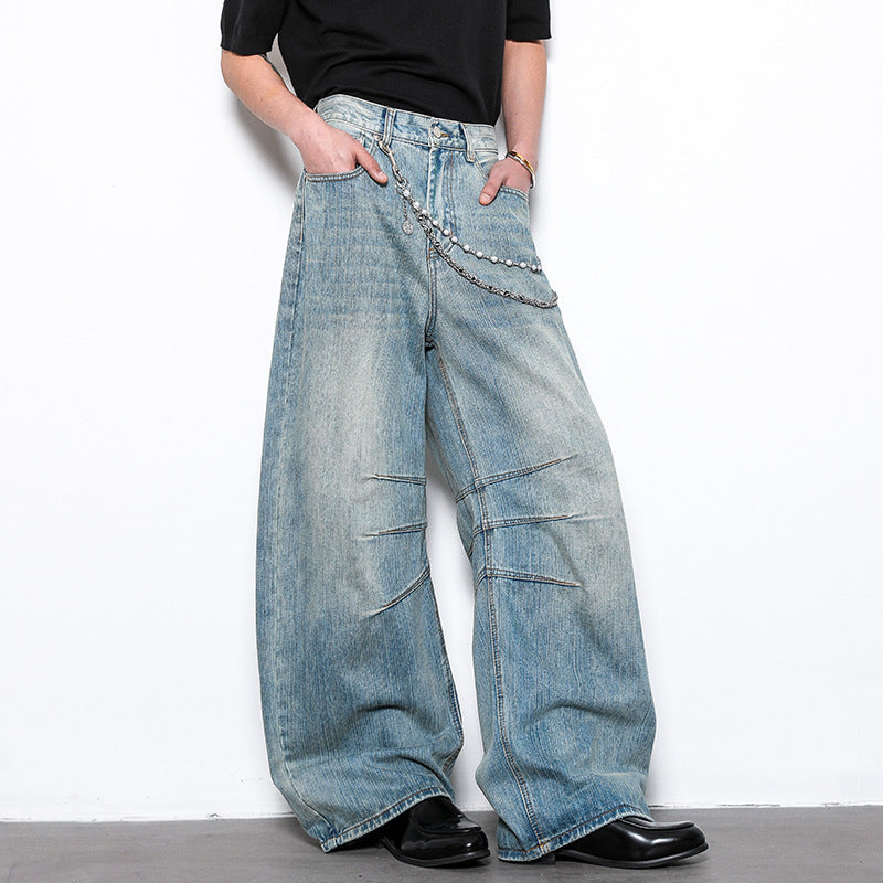 Bamboo Pattern Curved Knife Denim Loose and Slimming Wide Leg Pants