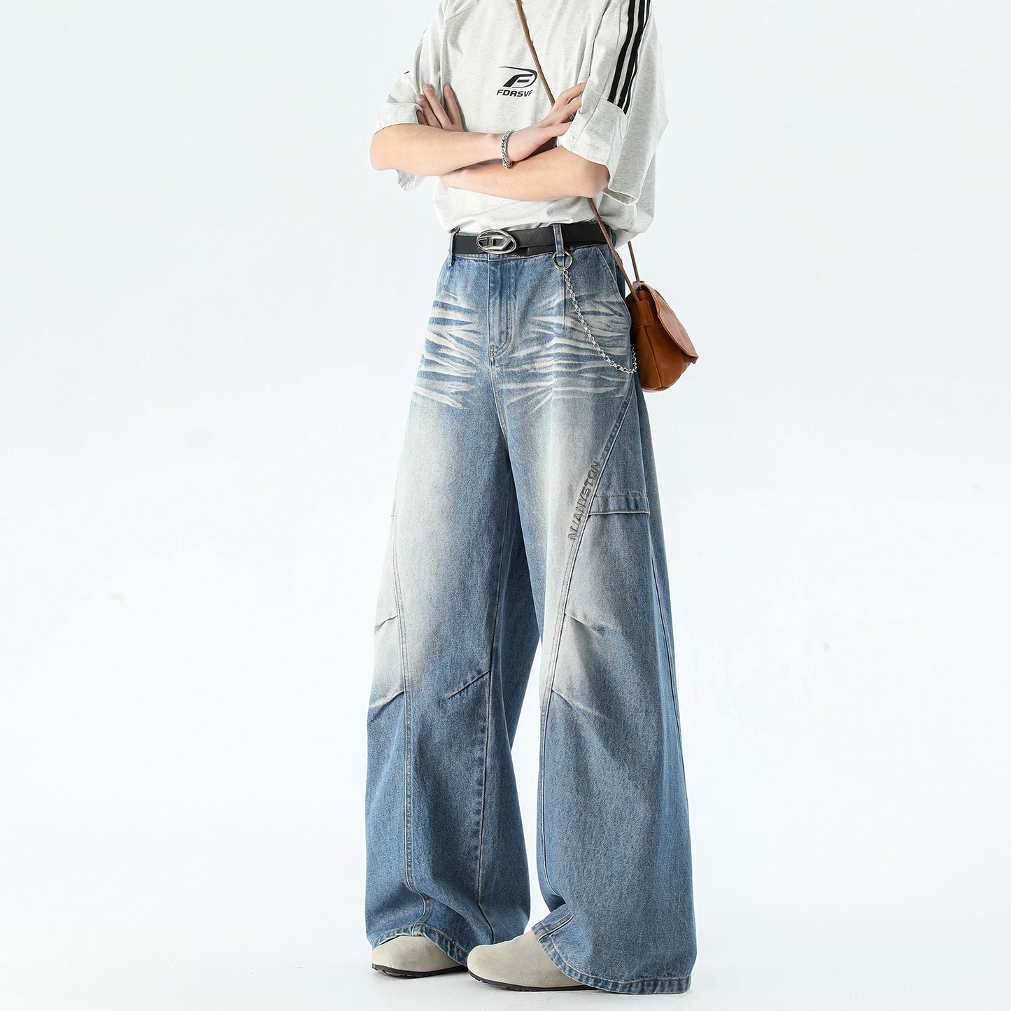 Men's Patchwork Straight Leg Work Pants – Premium Loose Fit Denim