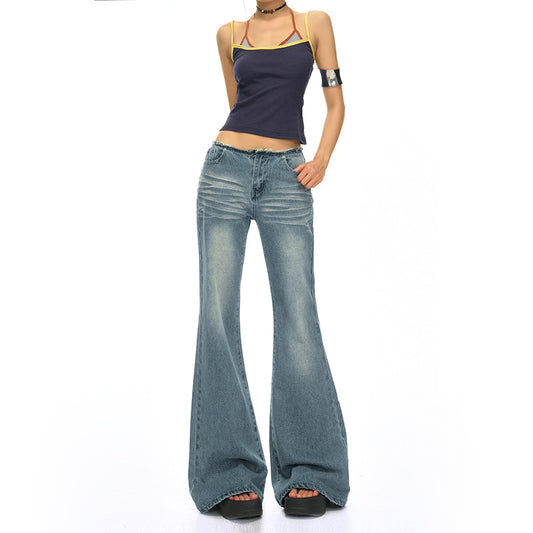 Retro Blue Low-Waist Spicy Girl Denim Pants for Women - Slim Fit Flare Jeans