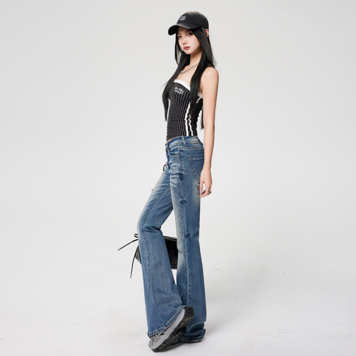 Retro Flared Jeans Women Low Waist Elastic Slim Fit Frayed Bell Bottoms