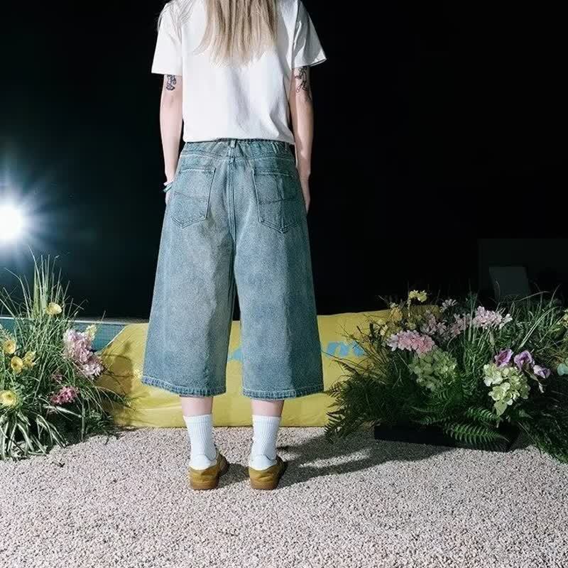 Cartoon Dog Embroidery Washed Five-Quarter Denim Shorts for Men and Women