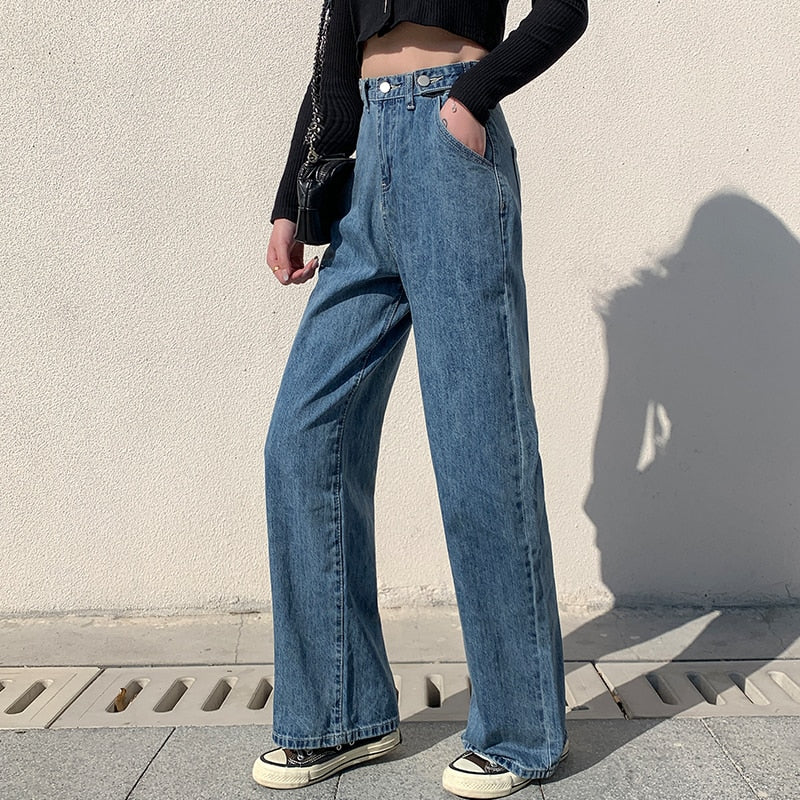 High Waist Wide Leg Denim Jeans for Women - Vintage Blue Streetwear