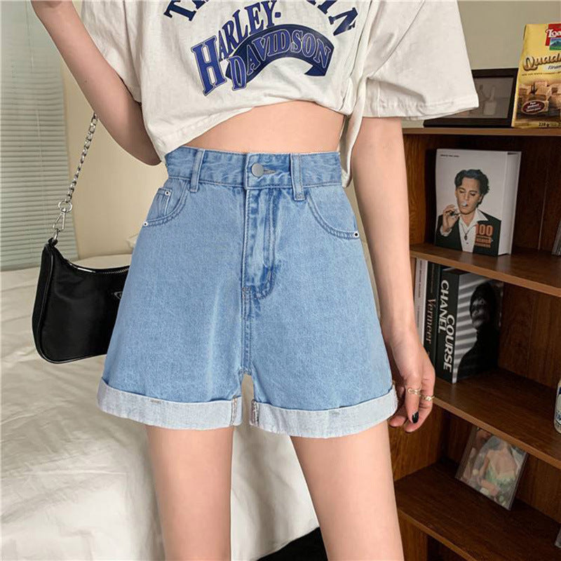 Casual Versatile Denim Shorts for Women - High Waist Slimming A-line Cuffed Style