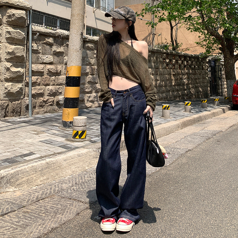 Lyocell Tencel Dark Blue Wide Leg Jeans for Women - Low Waist Loose Slimming Drape Pants