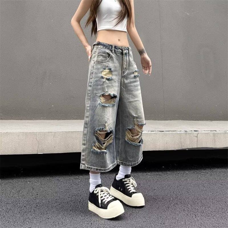 Light Colored Perforated Straight Leg Denim Cropped Pants for Women