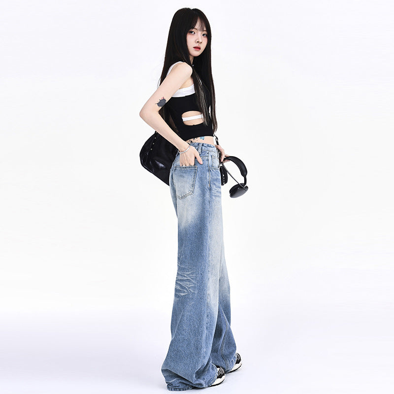 Women's Loose Denim Pants - Vintage High Waist Slim Wide Leg Trousers