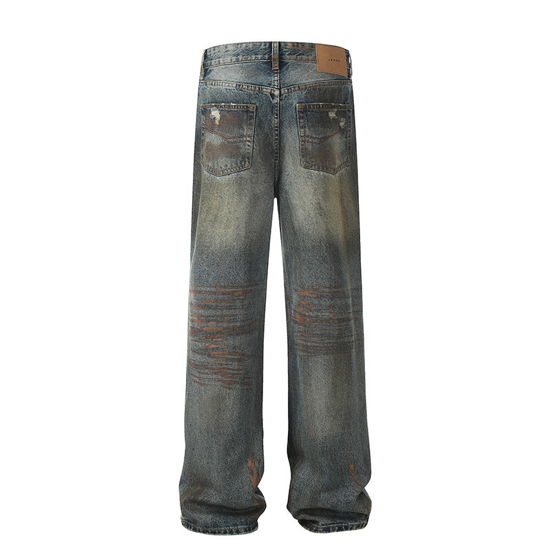 Dirty Dyed Worn Ripped Slightly Flared Jeans - Premium Japanese Denim