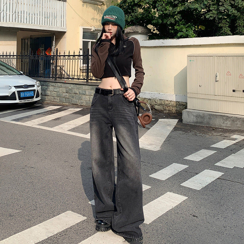 Women's Faded Black and Gray Denim Pants - High-Waisted Loose Wide-Leg Trousers