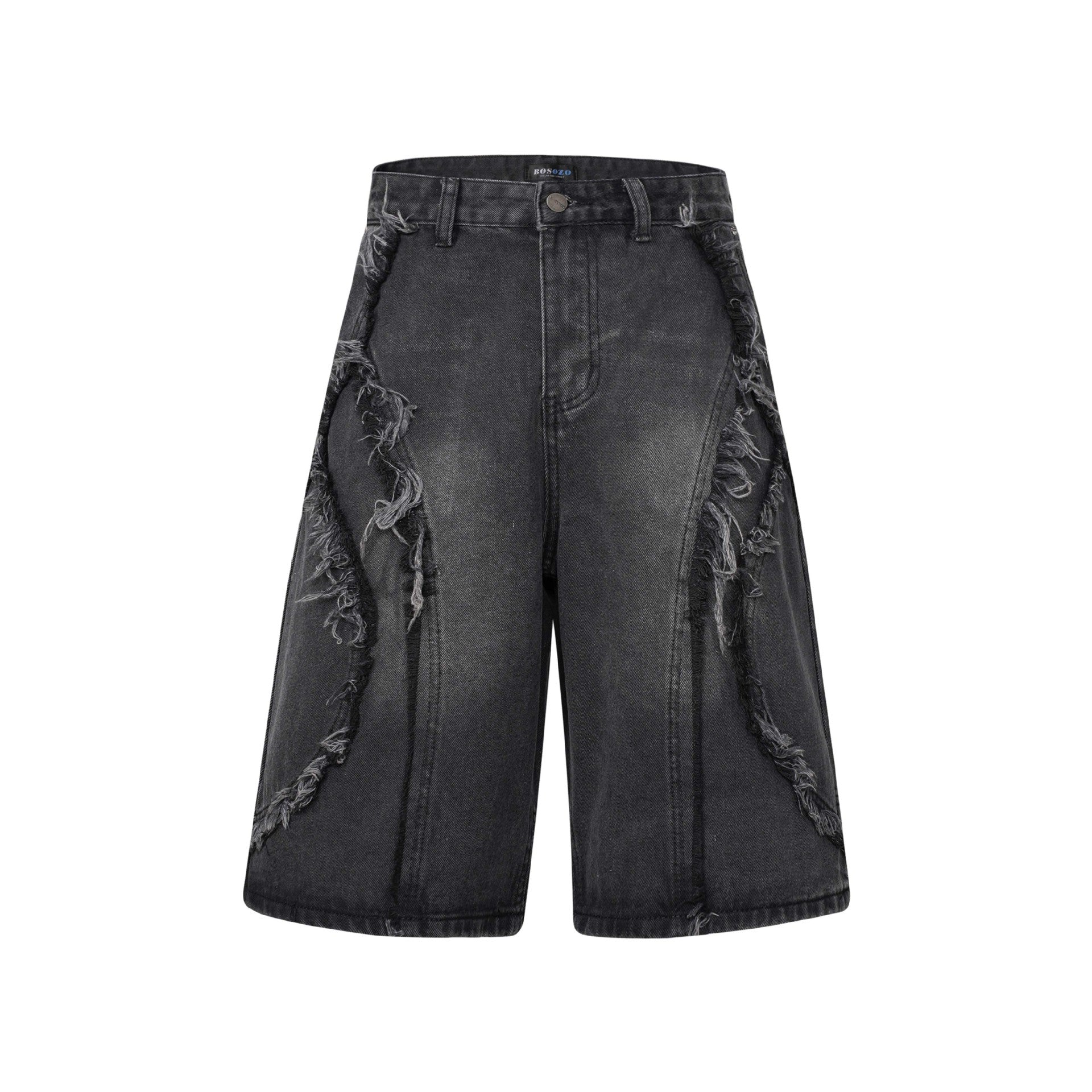 Washed Distressed Patchwork Cat Whisker Denim Shorts - Unisex Loose Wide Leg Pants