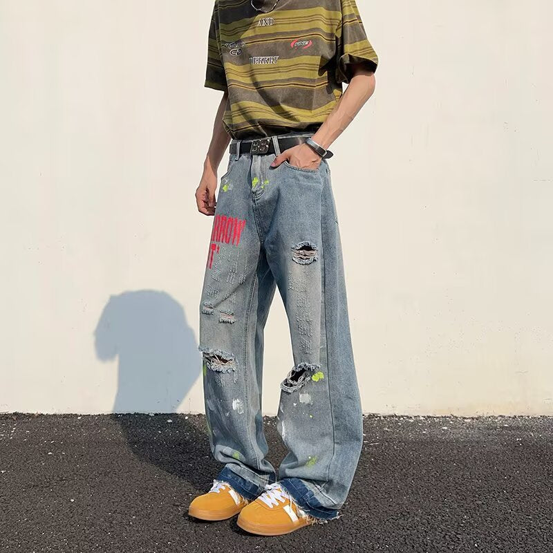 Retro Washed Graffiti Ripped Jeans - Loose Wide Leg Pants