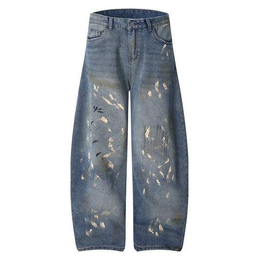 Distressed Splatter Paint Tapered Denim Pants - Wide Leg Floor Length