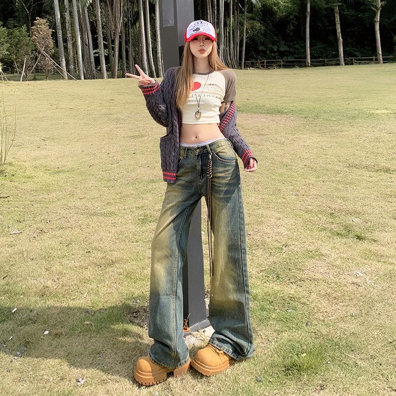 Women's Low-Waist Flared Denim Pants - Loose Wide-Leg Straight Trousers