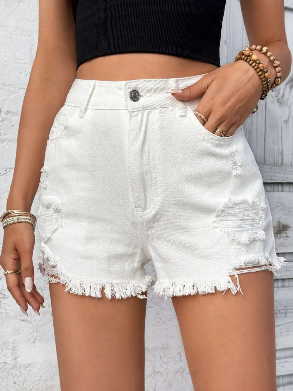 Distressed Raw Hem High Rise Denim Shorts