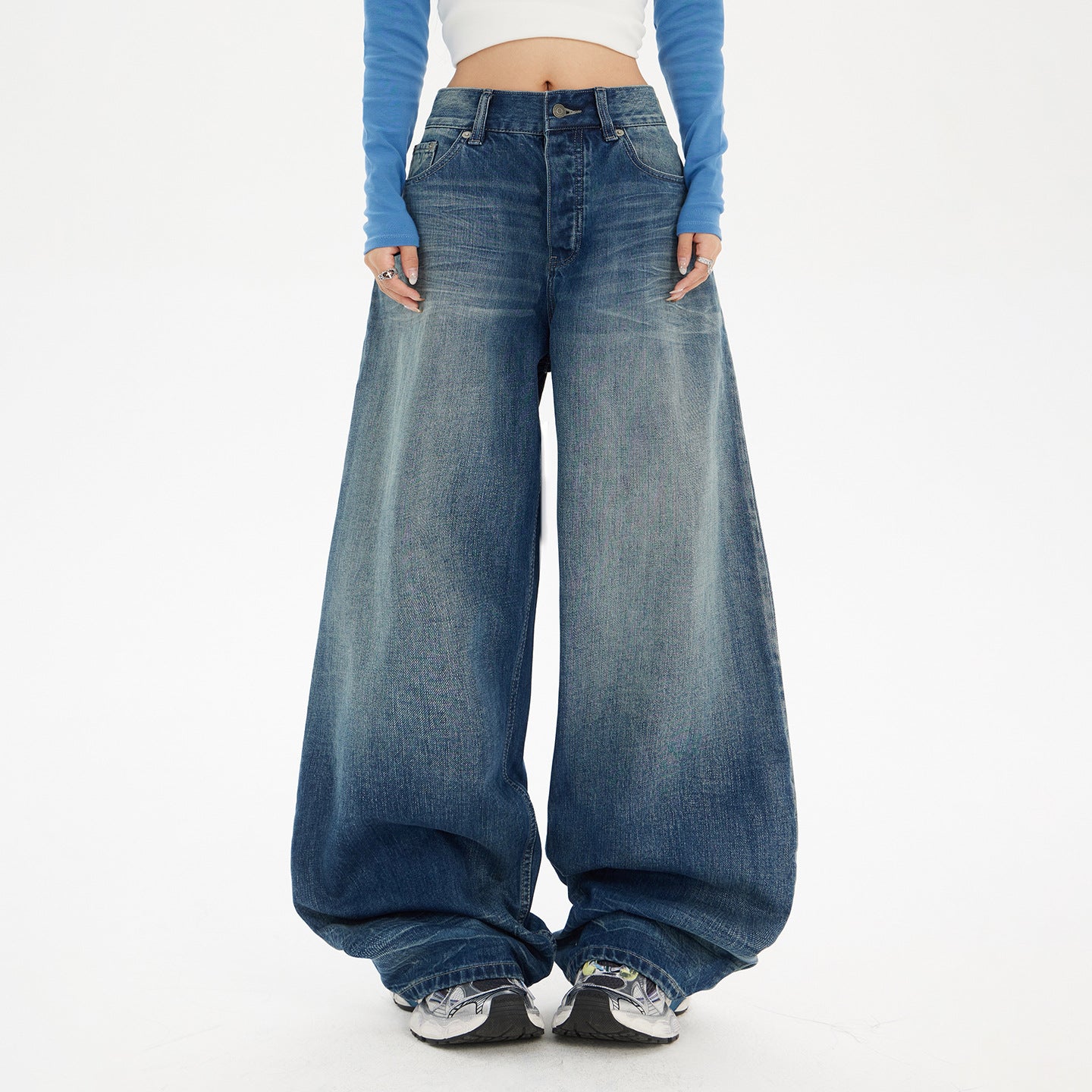 Women's Blue Knife-Leg Jeans - Gradient High-Waist Loose Wide-Leg Pants