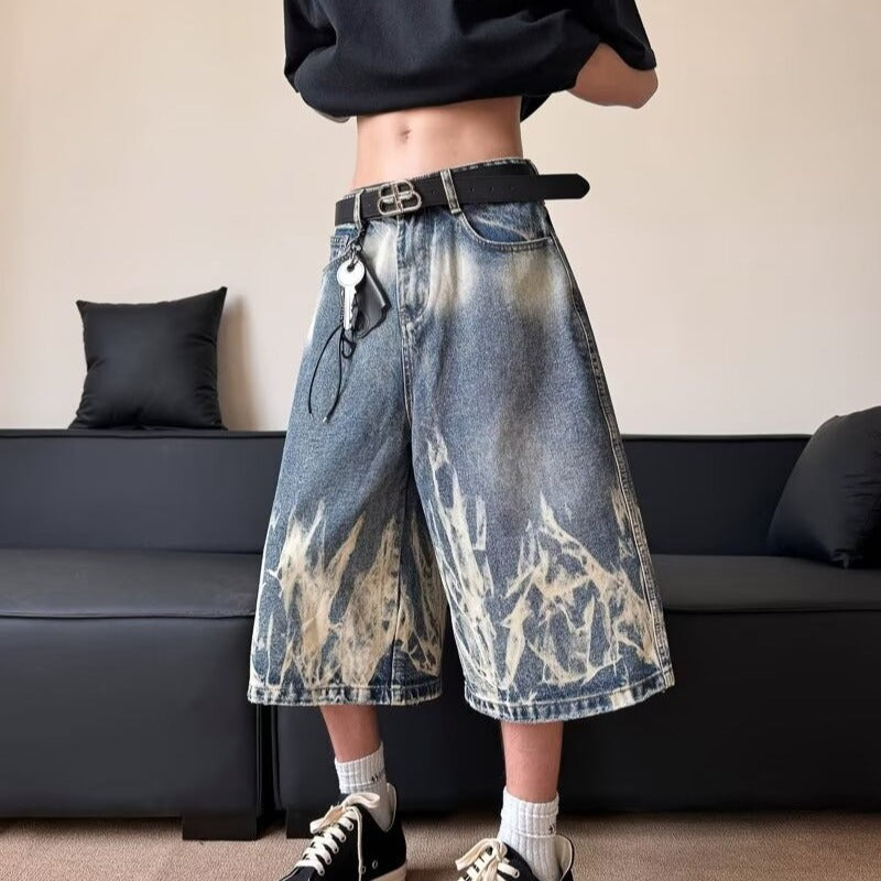 Lightning Stripe Tie-Dyed Denim Seven-Quarter Shorts