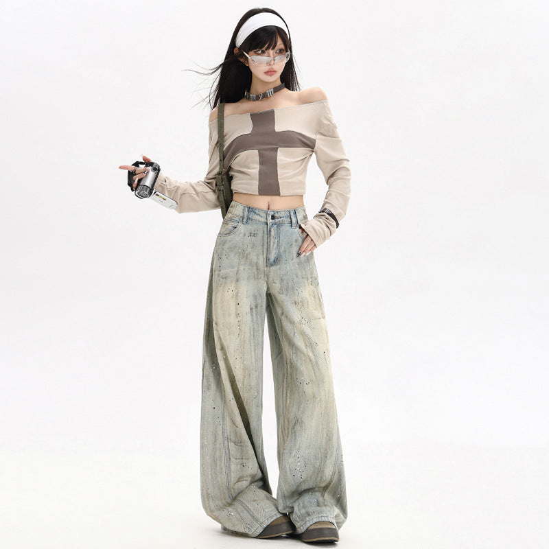 Spicy Girl Splatter Paint Graffiti Denim Pants for Women - Loose Slim High Waist Distressed Wide Leg Trousers