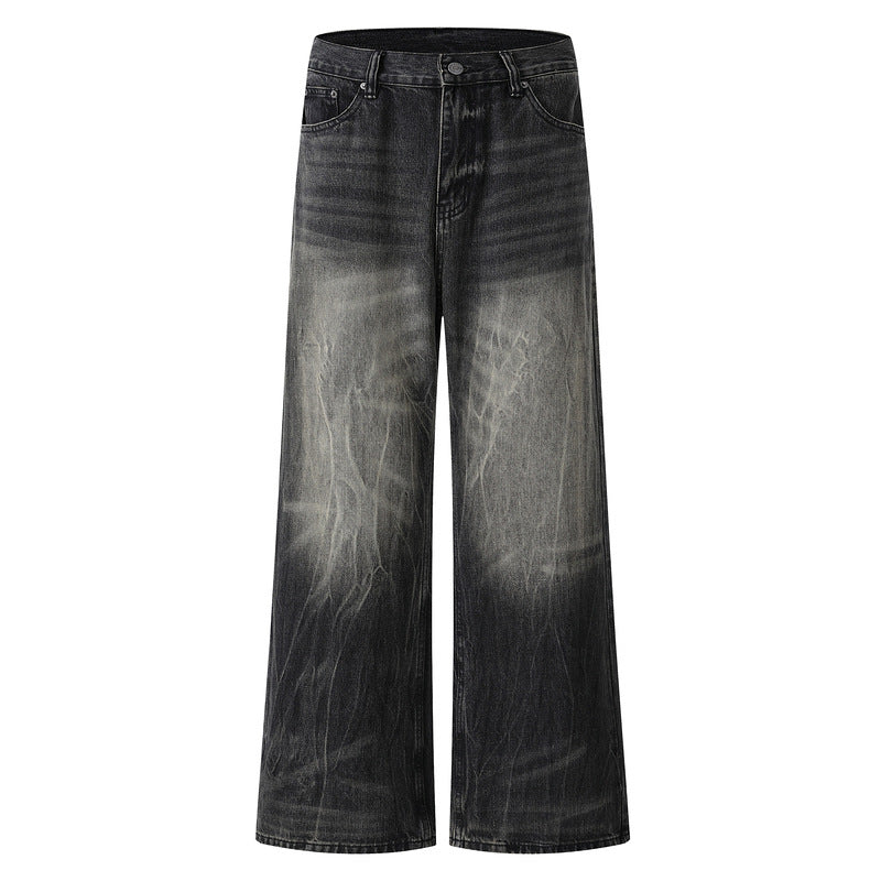 Washed Distressed Lightning Pattern Loose Vertical Flare Denim Pants Unisex