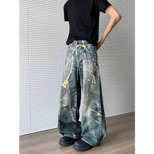 Retro Chain Printed Denim Wide Leg Pants for Men