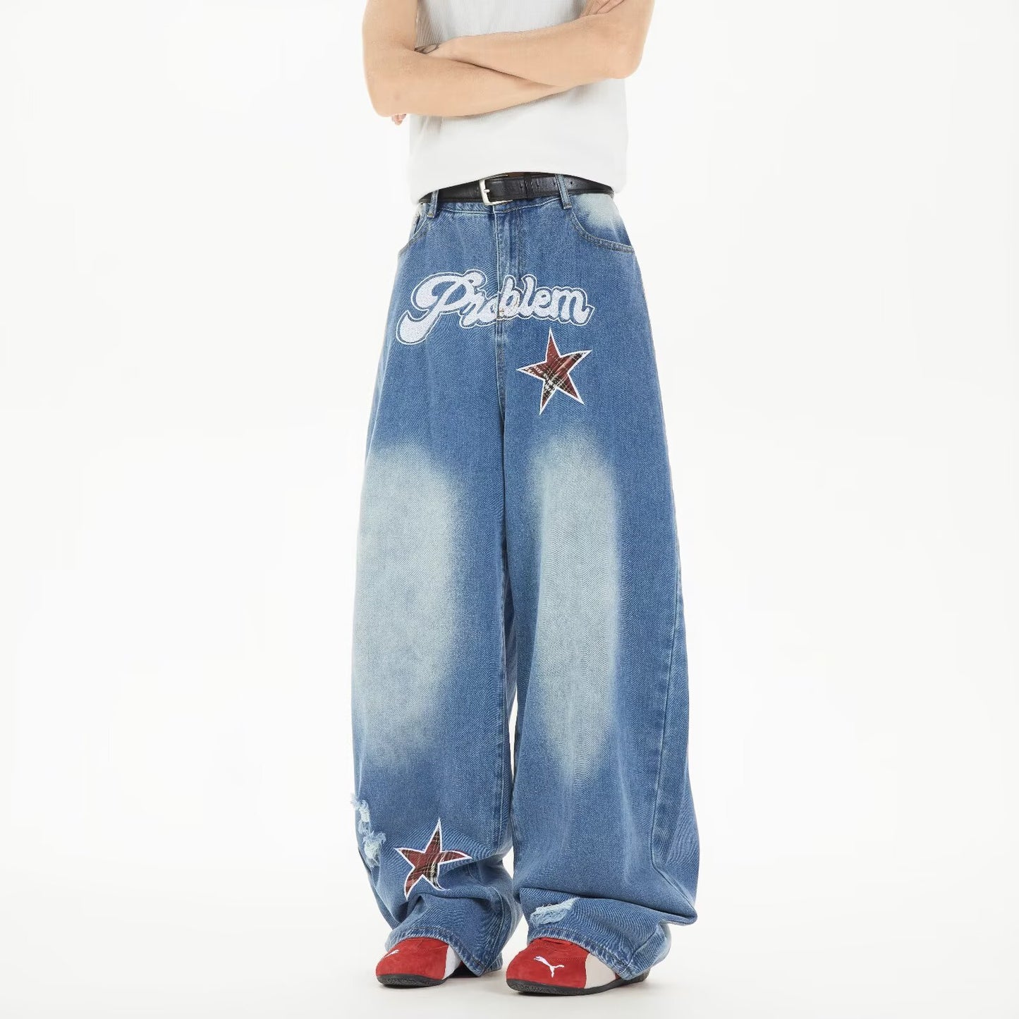 Star Embroidered Cowboy Loose Wide Leg Casual Pants