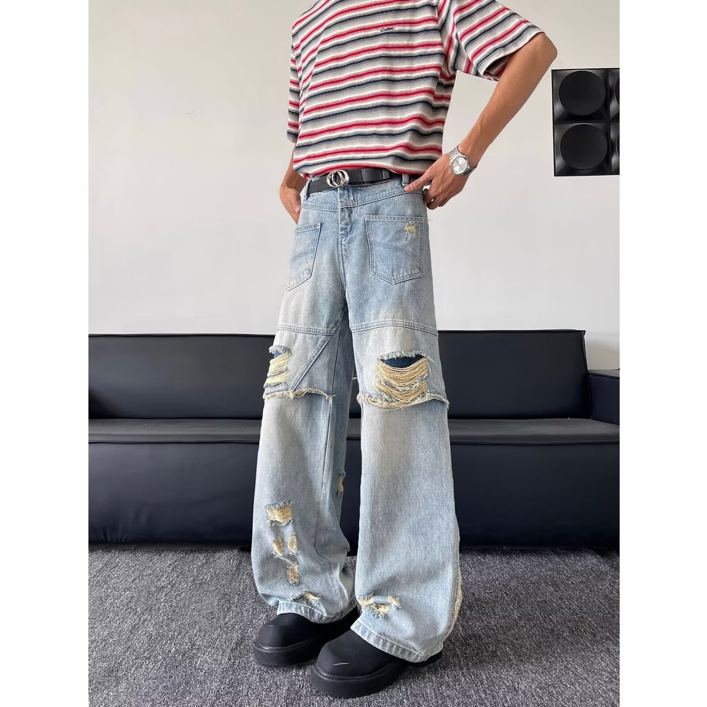 Washed Ripped Denim Loose Straight Leg Wide Leg Pants