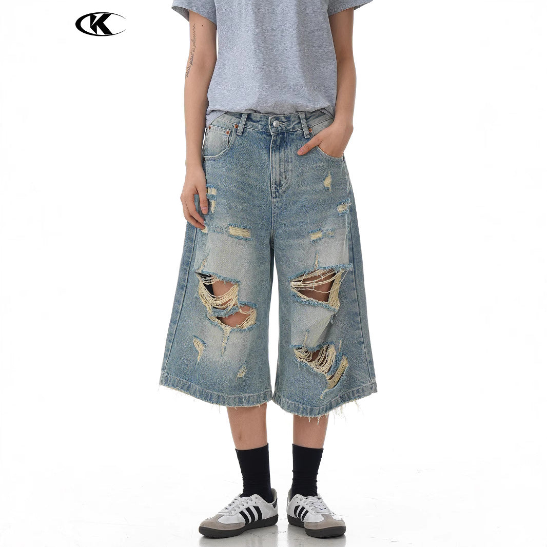 Design Seven-Quarter Denim Pants - Washed Loose Straight Trendy Shorts