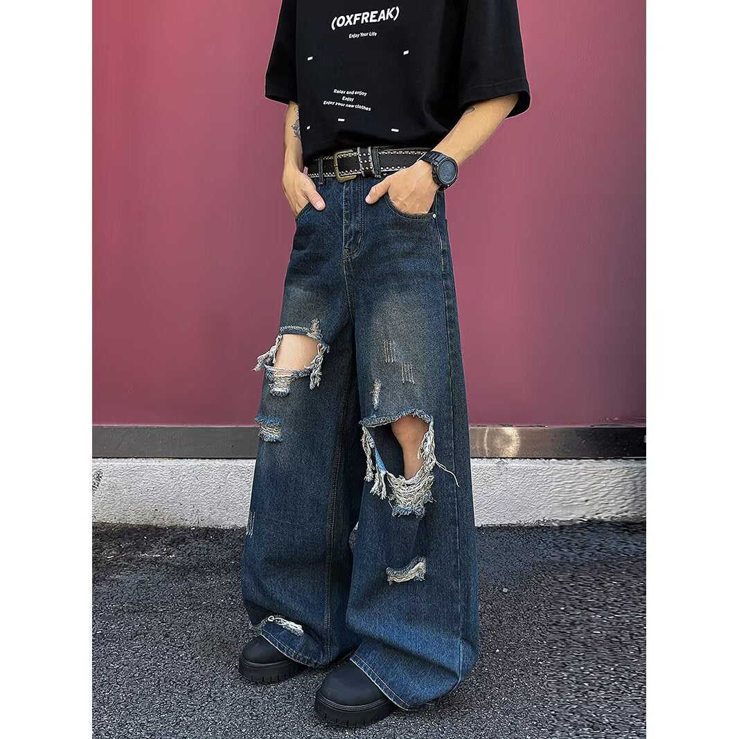 Pierced Floor Mopping Denim Distressed Straight Leg Wide Leg Pants