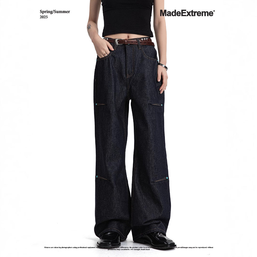 Deep Blue Straight Flared Wide Leg Denim Trousers