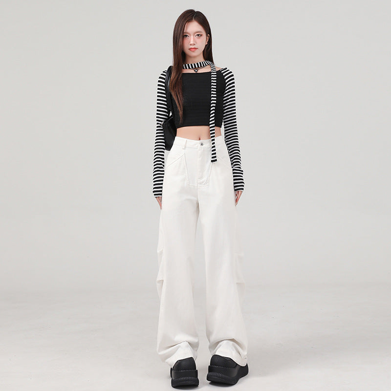 Women's Flared Denim Pants with Pleated Design for Fall Slimming Wide-Leg Trousers