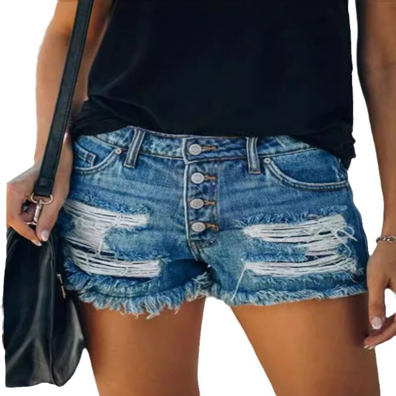 Broken Hole Tassel Denim Shorts for Women - Premium Japanese Craftsmanship