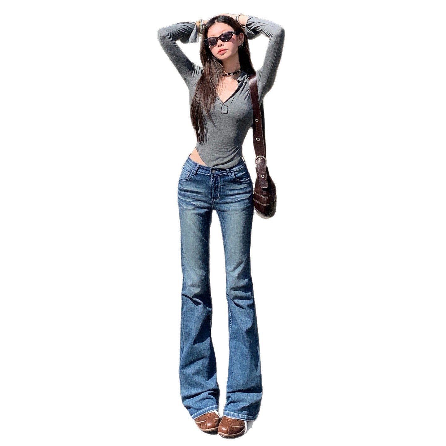 Retro Street Style Skinny Flare Jeans for Women - Low Waist Slim Fit Washed Frayed Bell Bottoms