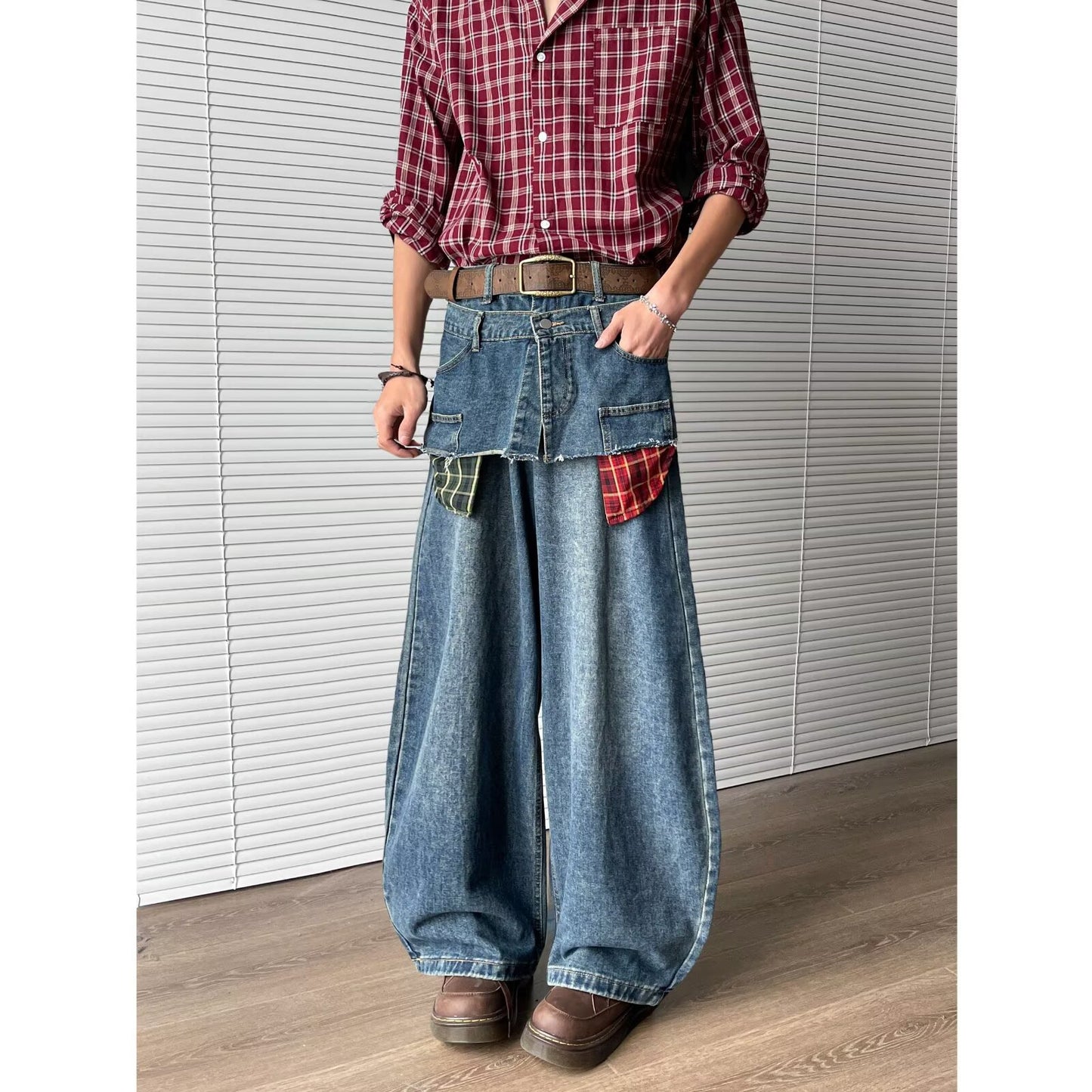 Retro Fake Two-Piece Checkered Patchwork Jeans for Men - Summer Style