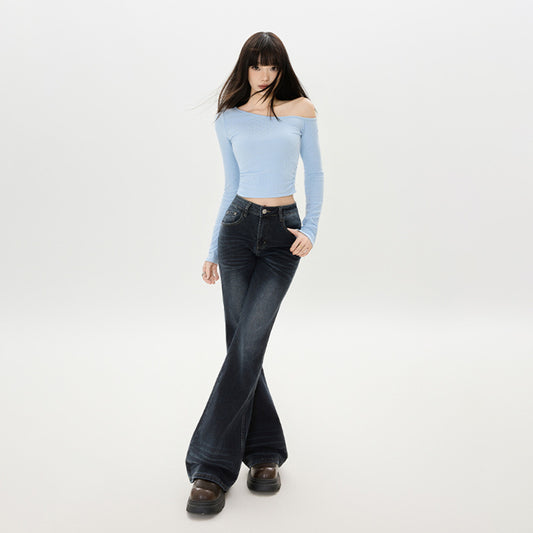 Style Flared Denim Pants for Women - Low Waist, Slim Fit, White Washed Pants