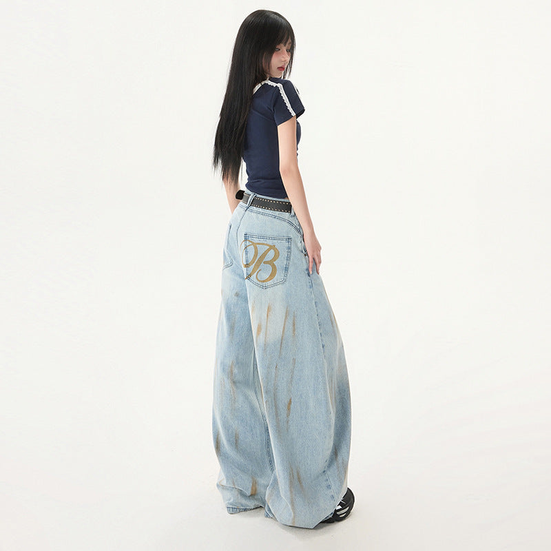 Dye-Effect Knife-Edge Denim Pants - Mid-Waist Patchwork Wide-Leg Floor-Length Pants